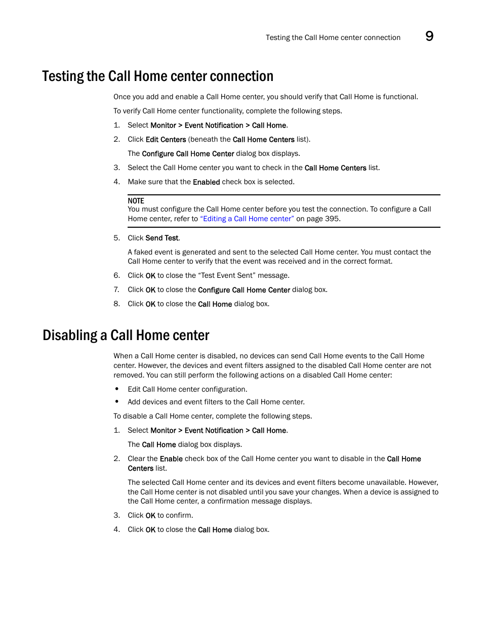 Testing the call home center connection, Disabling a call home center | Brocade Network Advisor SAN User Manual v12.3.0 User Manual | Page 455 / 1940