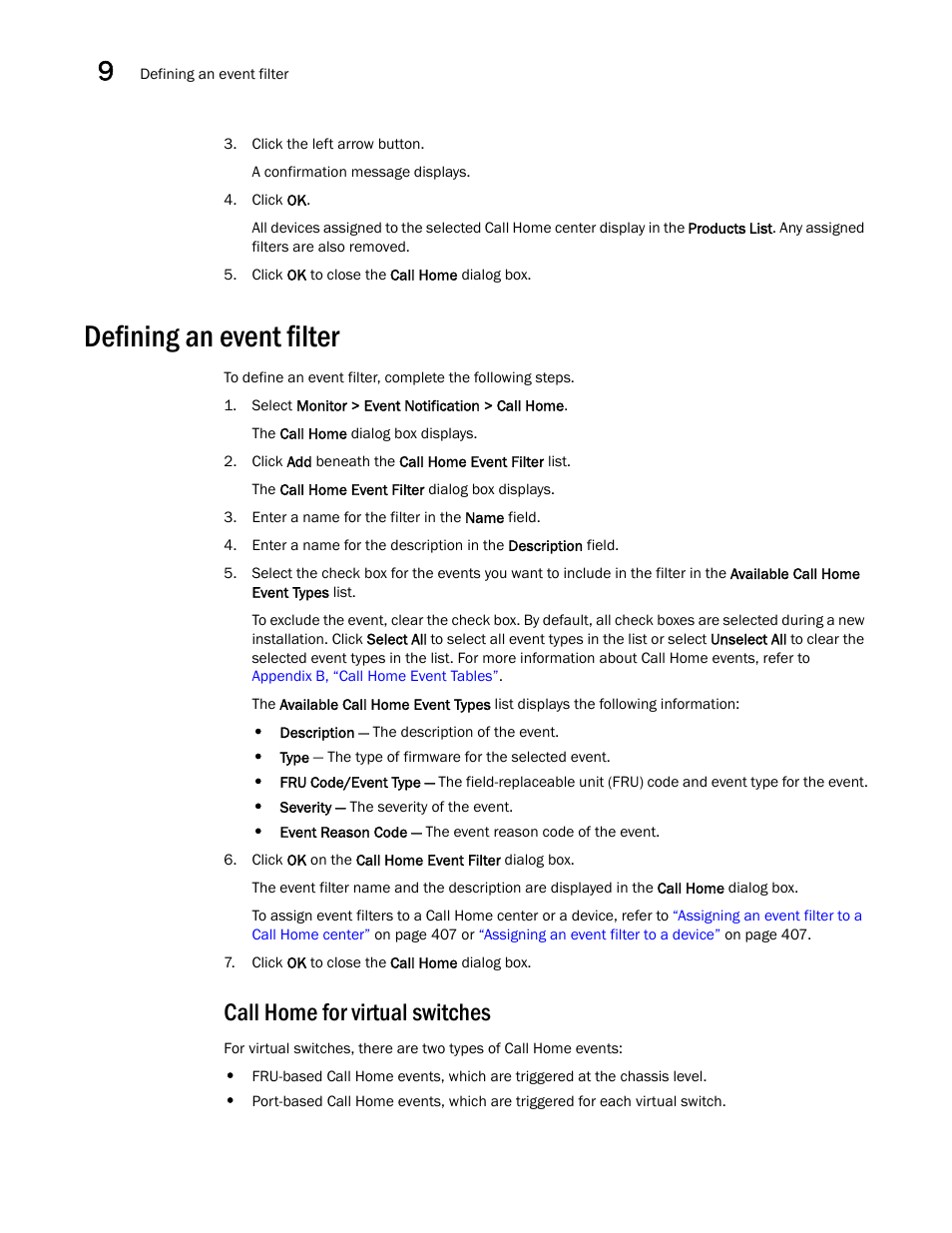 Defining an event filter, Call home for virtual switches | Brocade Network Advisor SAN User Manual v12.3.0 User Manual | Page 458 / 1940