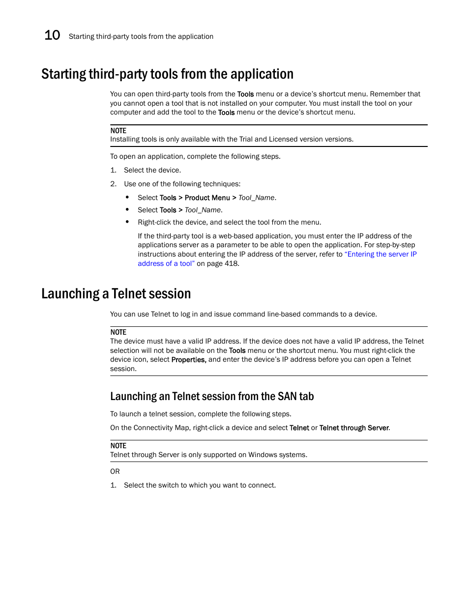 Starting third-party tools from the application, Launching a telnet session, Launching an telnet session from the san tab | Brocade Network Advisor SAN User Manual v12.3.0 User Manual | Page 464 / 1940