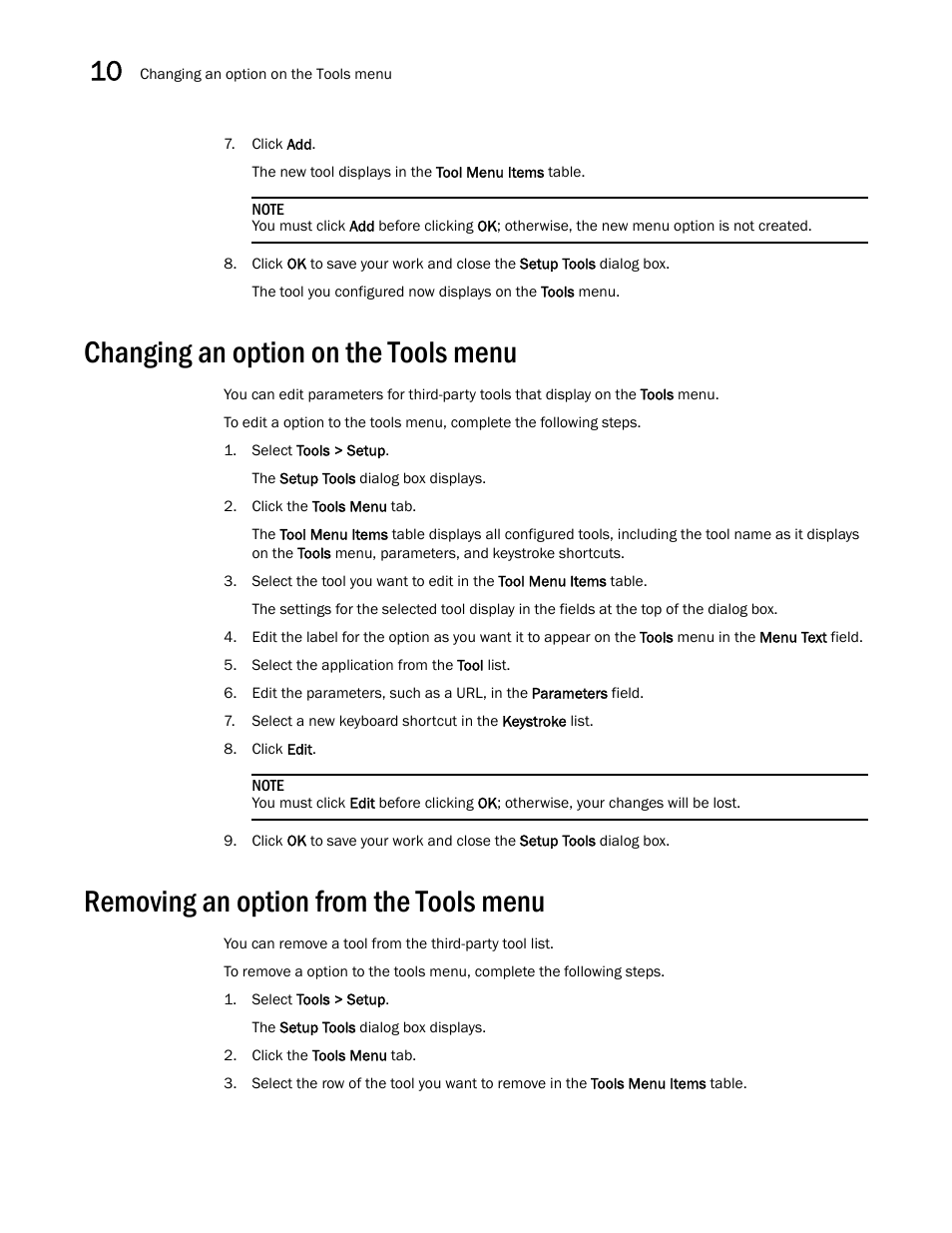 Changing an option on the tools menu, Removing an option from the tools menu | Brocade Network Advisor SAN User Manual v12.3.0 User Manual | Page 472 / 1940