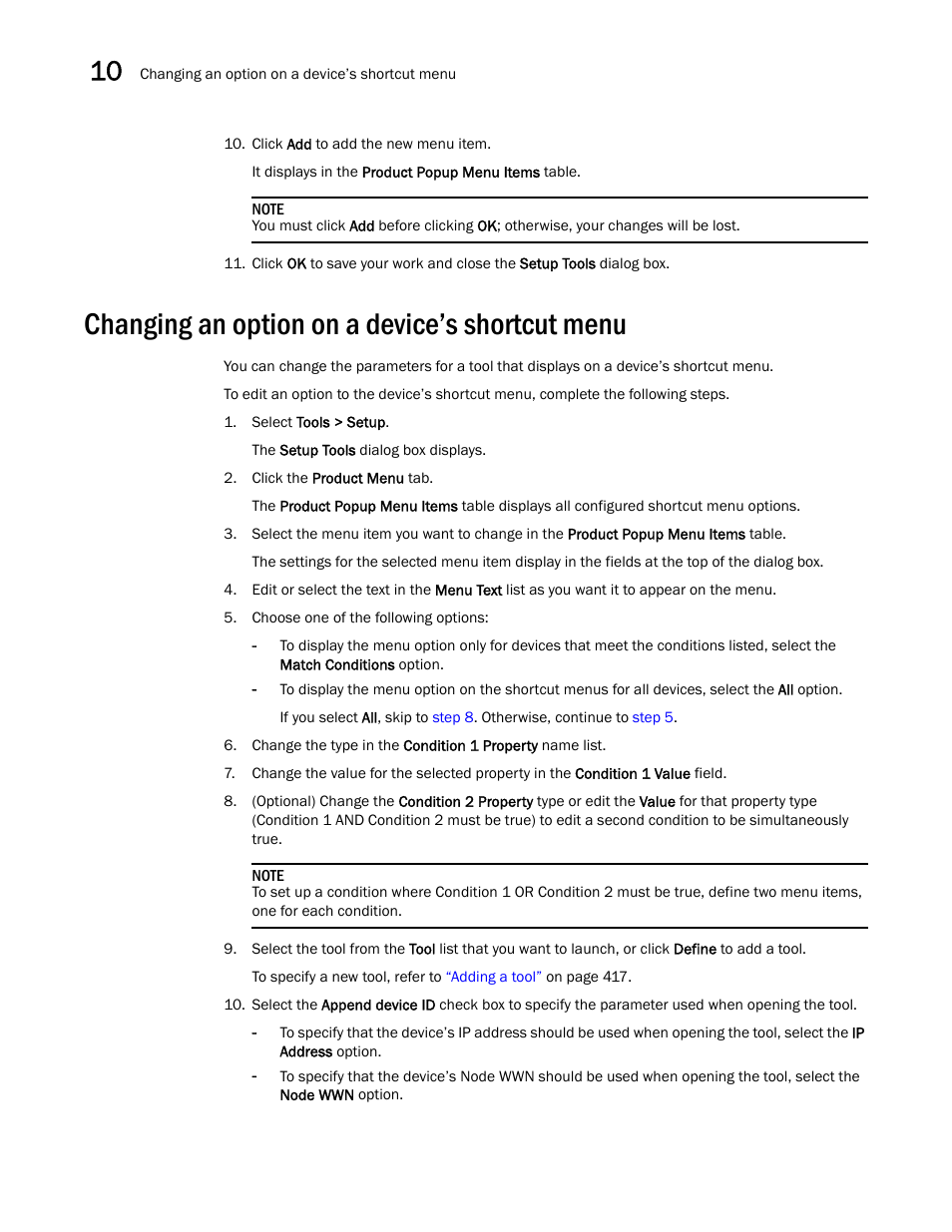 Changing an option on a device’s shortcut menu | Brocade Network Advisor SAN User Manual v12.3.0 User Manual | Page 474 / 1940