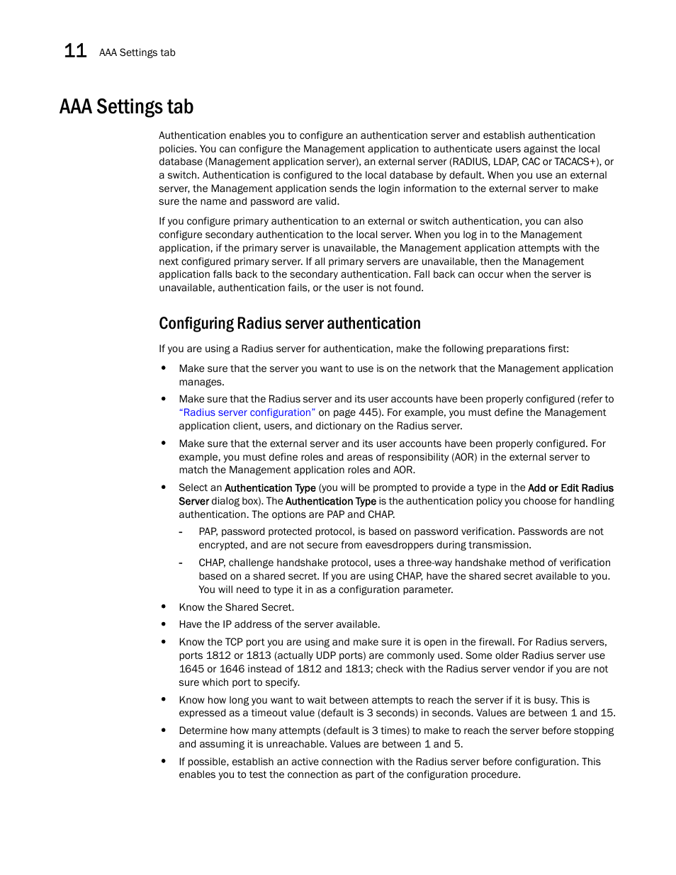 Aaa settings tab, Configuring radius server authentication | Brocade Network Advisor SAN User Manual v12.3.0 User Manual | Page 484 / 1940