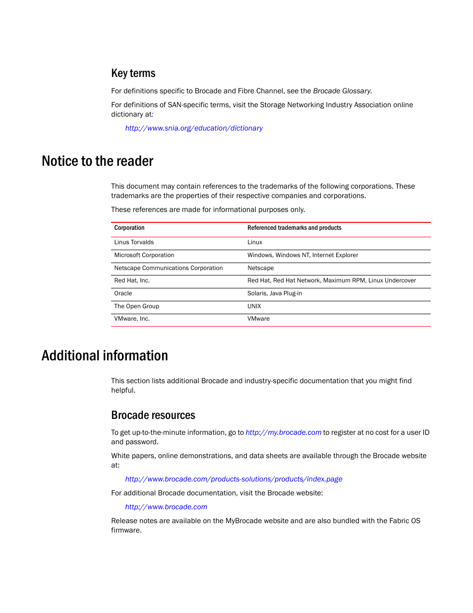 Notice to the reader, Additional information, Key terms | Brocade resources | Brocade Network Advisor SAN User Manual v12.3.0 User Manual | Page 50 / 1940