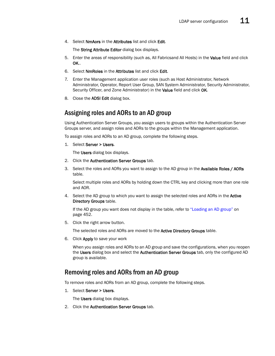 Assigning roles and aors to an ad group, Removing roles and aors from an ad group | Brocade Network Advisor SAN User Manual v12.3.0 User Manual | Page 503 / 1940