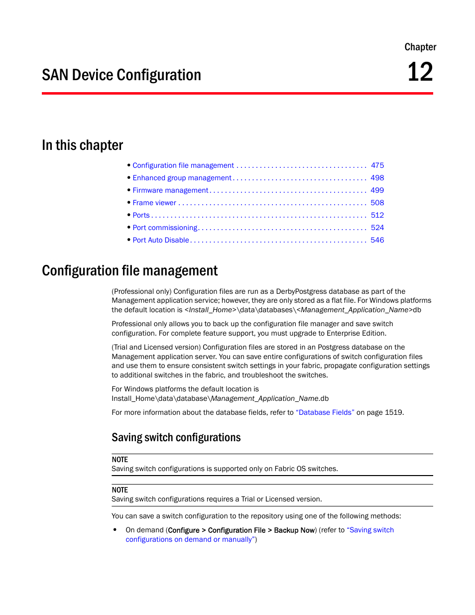 San device configuration, Configuration file management, Saving switch configurations | Chapter 12, Chapter 12, “san device configuration | Brocade Network Advisor SAN User Manual v12.3.0 User Manual | Page 527 / 1940