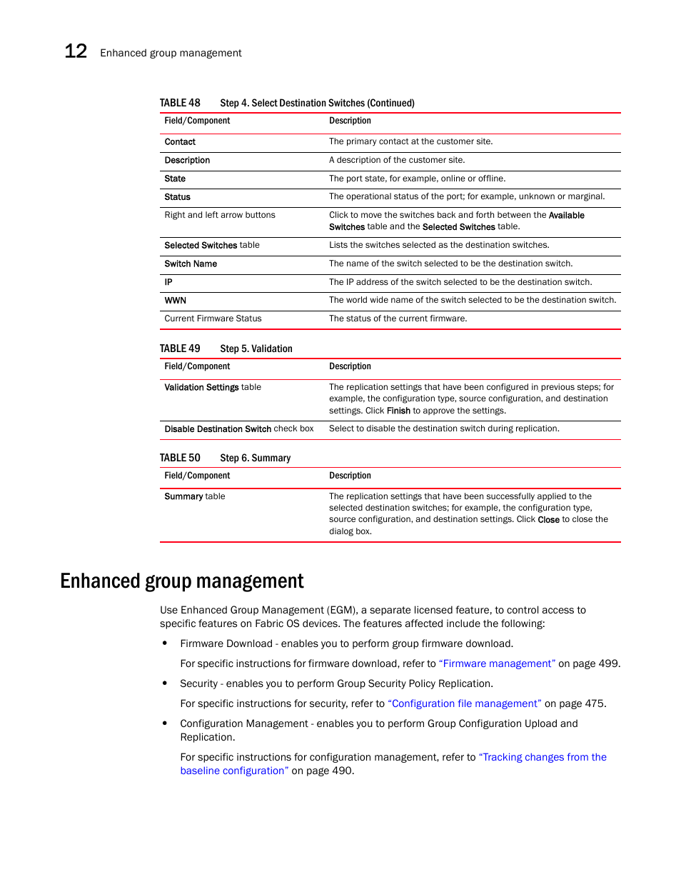 Enhanced group management, Table 49, Table 50 | Brocade Network Advisor SAN User Manual v12.3.0 User Manual | Page 550 / 1940