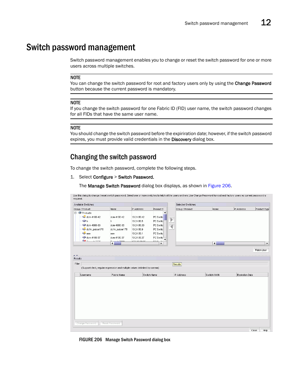 Switch password management, Changing the switch password | Brocade Network Advisor SAN User Manual v12.3.0 User Manual | Page 557 / 1940