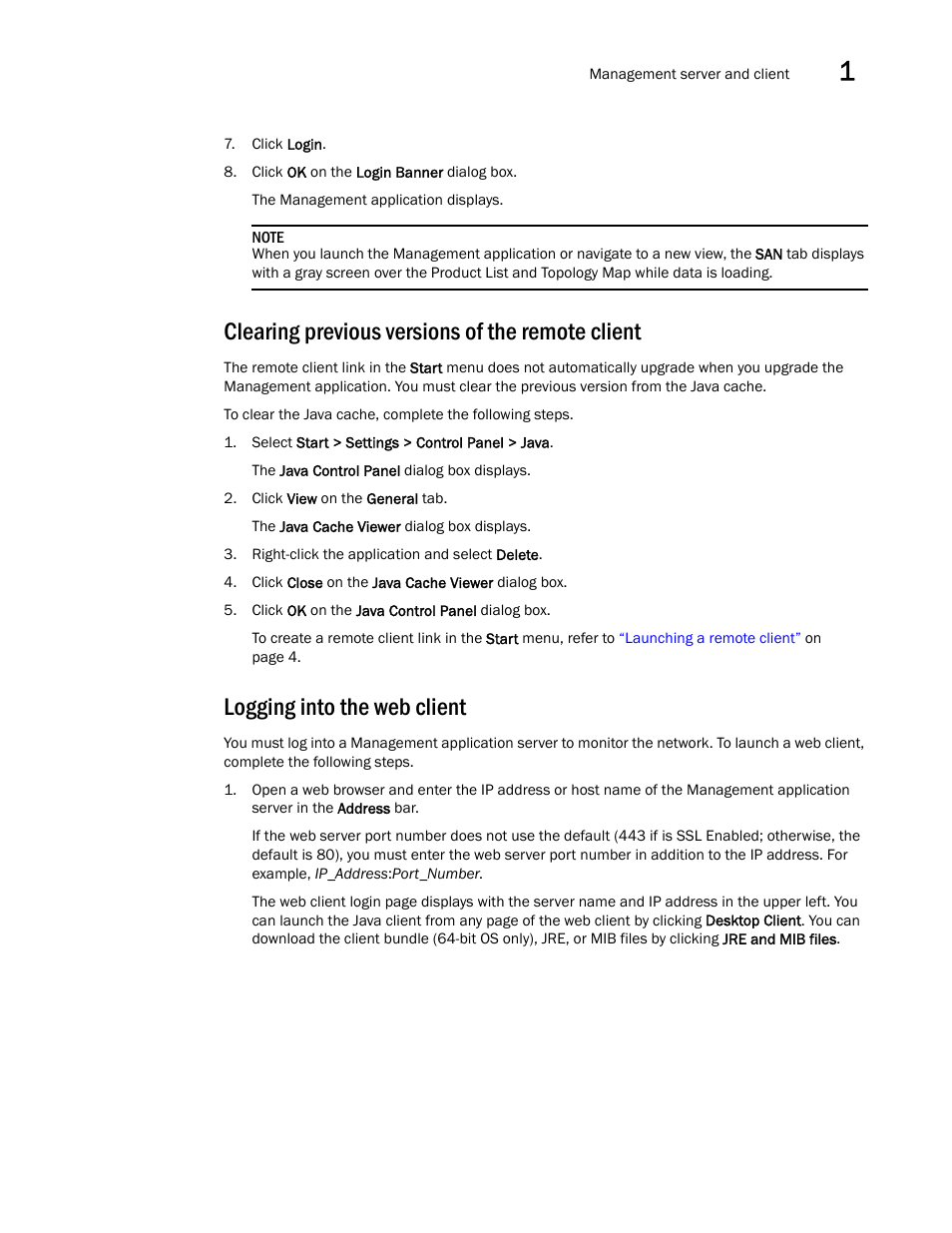 Clearing previous versions of the remote client, Logging into the web client | Brocade Network Advisor SAN User Manual v12.3.0 User Manual | Page 57 / 1940