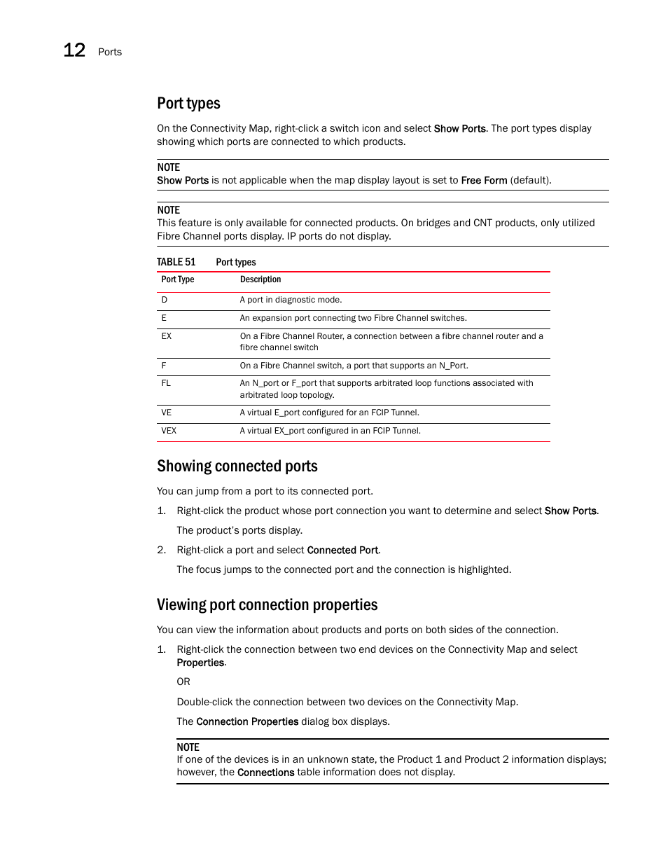 Port types, Showing connected ports, Viewing port connection properties | Brocade Network Advisor SAN User Manual v12.3.0 User Manual | Page 570 / 1940