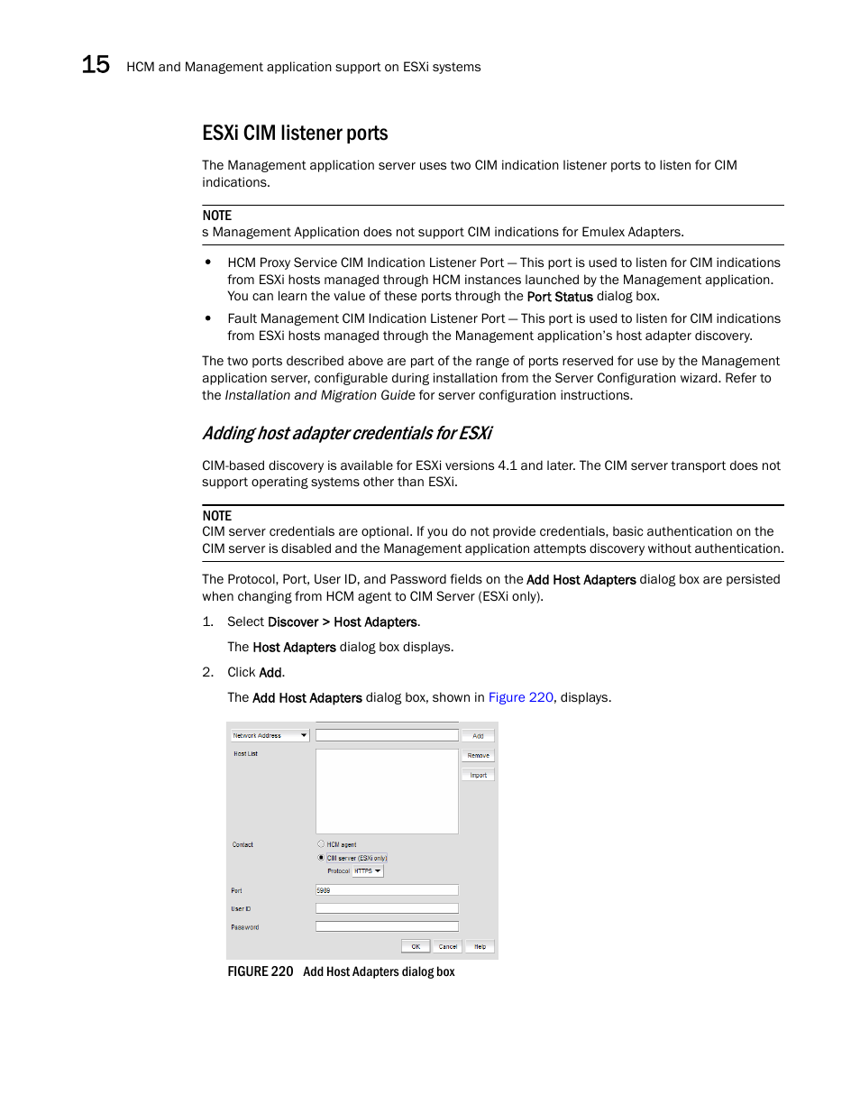 Esxi cim listener ports, Adding host adapter credentials for esxi | Brocade Network Advisor SAN User Manual v12.3.0 User Manual | Page 628 / 1940