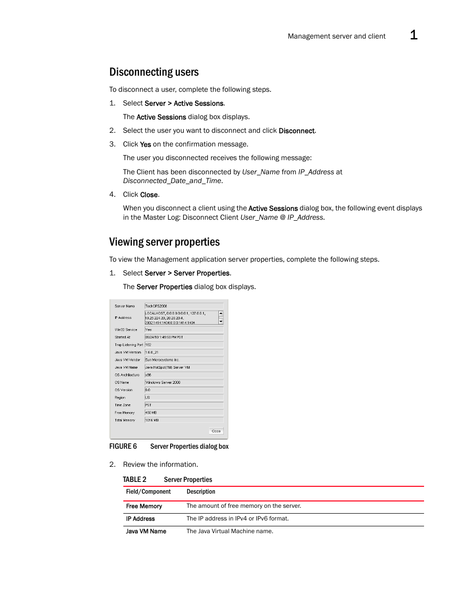 Disconnecting users, Viewing server properties | Brocade Network Advisor SAN User Manual v12.3.0 User Manual | Page 63 / 1940