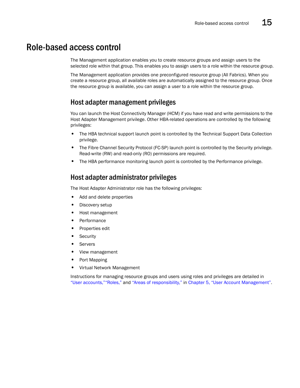 Role-based access control, Host adapter management privileges, Host adapter administrator privileges | Brocade Network Advisor SAN User Manual v12.3.0 User Manual | Page 645 / 1940