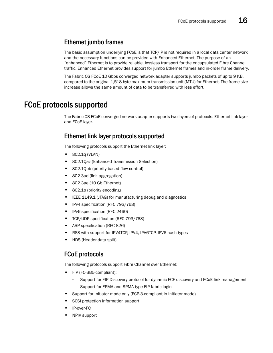 Ethernet jumbo frames, Fcoe protocols supported, Ethernet link layer protocols supported | Fcoe protocols | Brocade Network Advisor SAN User Manual v12.3.0 User Manual | Page 655 / 1940