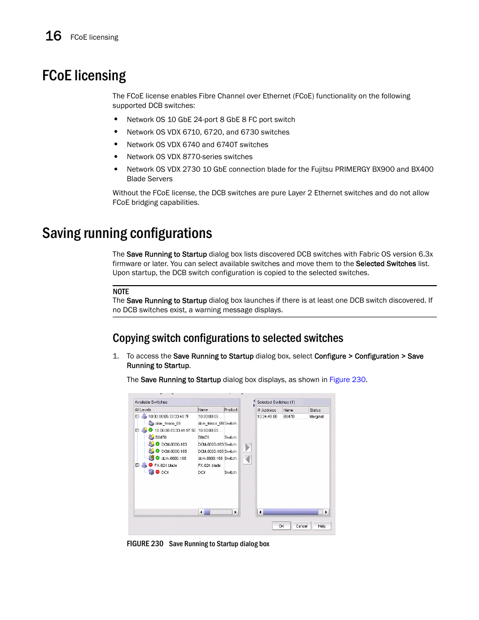 Fcoe licensing, Saving running configurations, Copying switch configurations to selected switches | Brocade Network Advisor SAN User Manual v12.3.0 User Manual | Page 656 / 1940