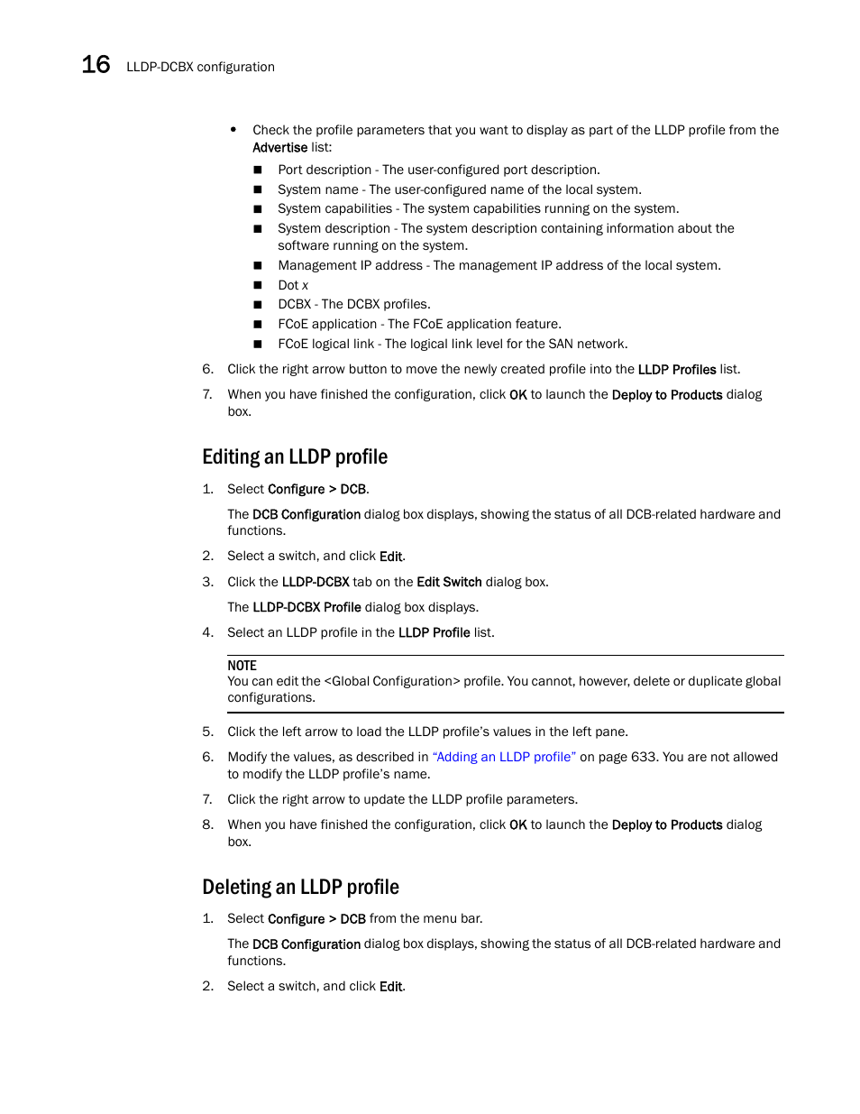 Editing an lldp profile, Deleting an lldp profile | Brocade Network Advisor SAN User Manual v12.3.0 User Manual | Page 686 / 1940