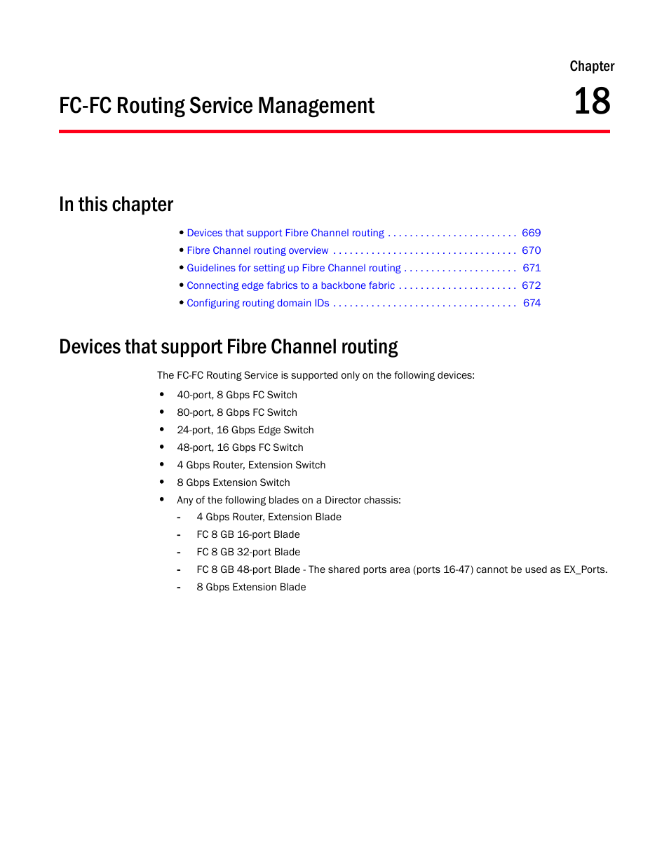 Fc-fc routing service management, Devices that support fibre channel routing, Chapter 18 | Chapter 18, “fc-fc routing service management | Brocade Network Advisor SAN User Manual v12.3.0 User Manual | Page 721 / 1940