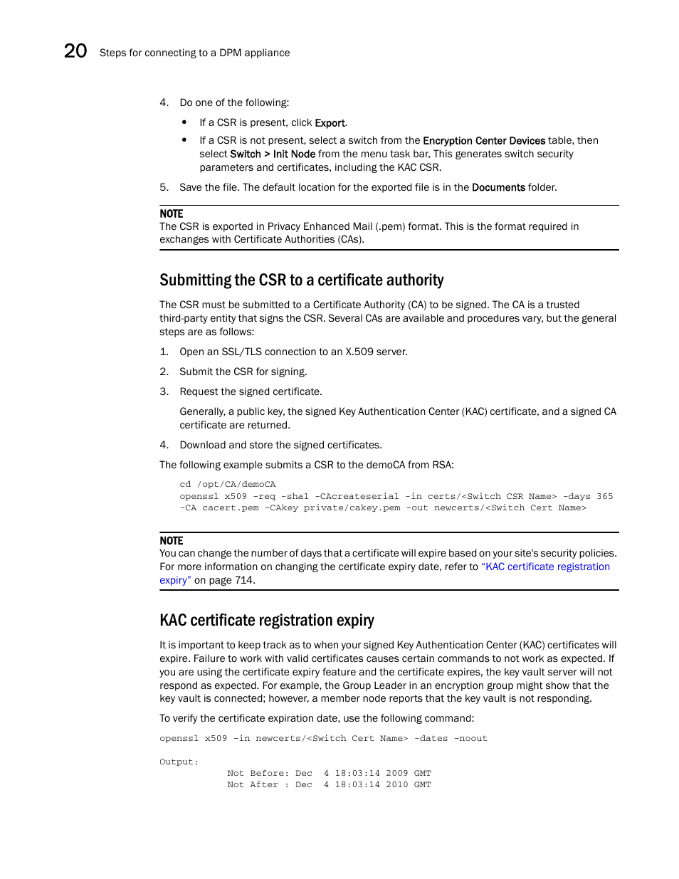 Submitting the csr to a certificate authority, Kac certificate registration expiry | Brocade Network Advisor SAN User Manual v12.3.0 User Manual | Page 766 / 1940