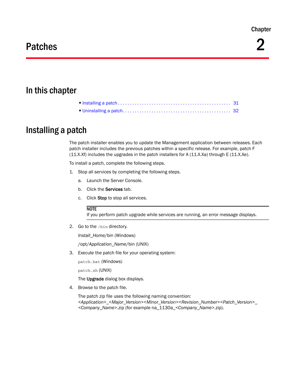 Patches, Installing a patch, Chapter 2 | Chapter 2, “patches | Brocade Network Advisor SAN User Manual v12.3.0 User Manual | Page 83 / 1940