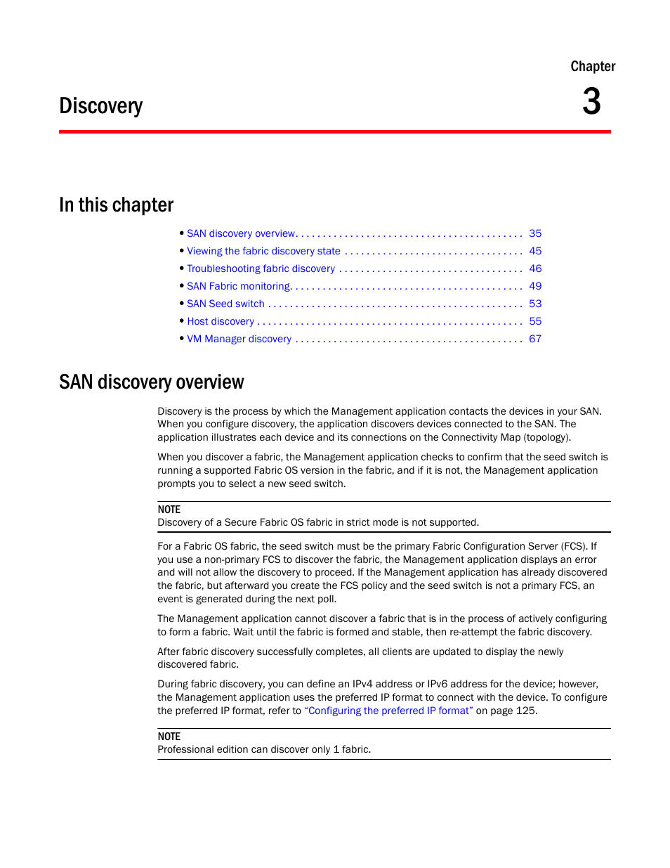 Discovery, San discovery overview, Chapter 3 | Chapter 3, “discovery | Brocade Network Advisor SAN User Manual v12.3.0 User Manual | Page 87 / 1940