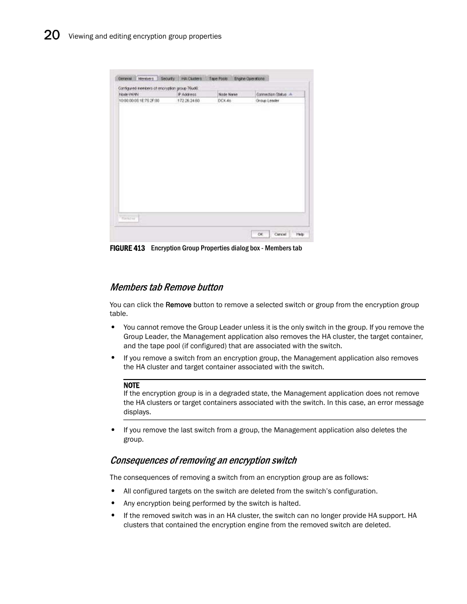 Members tab remove button, Consequences of removing an encryption switch | Brocade Network Advisor SAN User Manual v12.3.0 User Manual | Page 926 / 1940