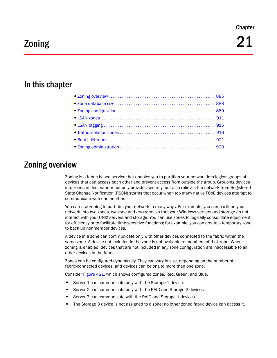 Zoning, Zoning overview, Chapter 21 | Chapter 21, “zoning | Brocade Network Advisor SAN User Manual v12.3.0 User Manual | Page 937 / 1940