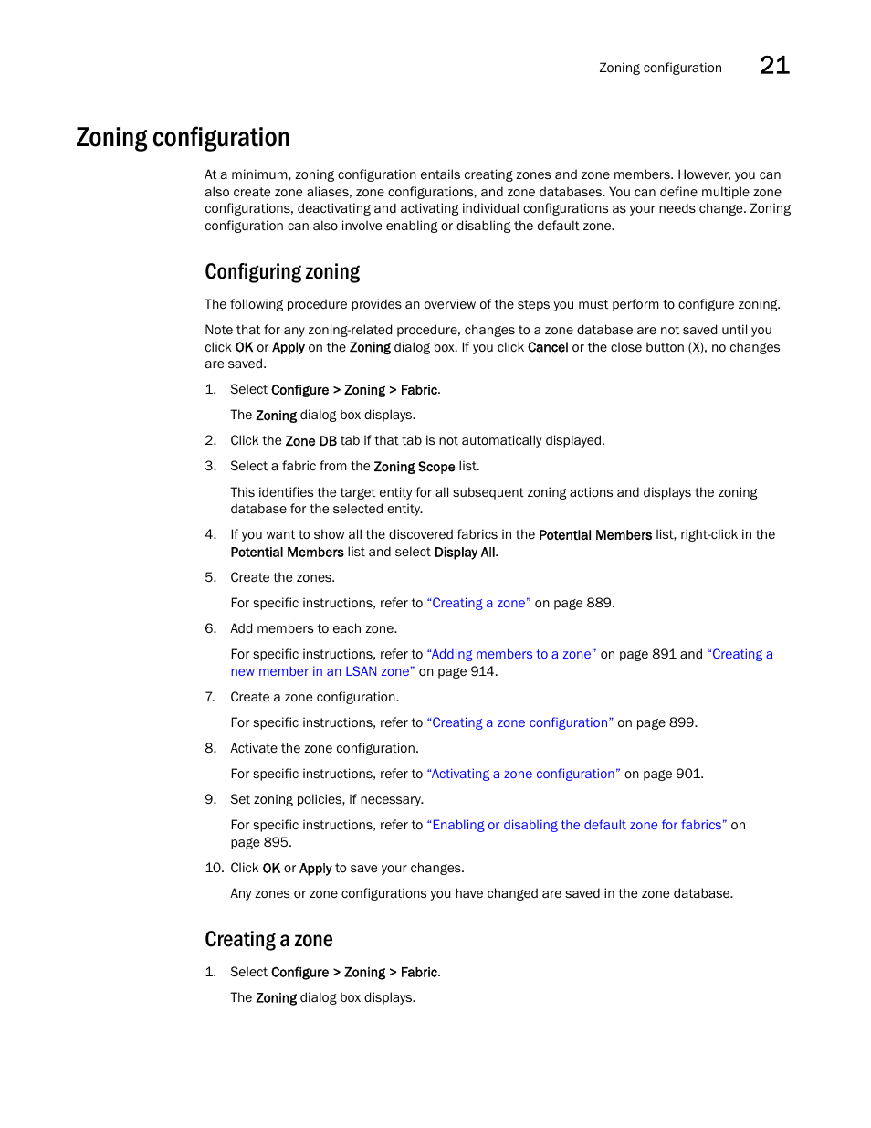 Zoning configuration, Configuring zoning, Creating a zone | Configuring zoning creating a zone | Brocade Network Advisor SAN User Manual v12.3.0 User Manual | Page 941 / 1940