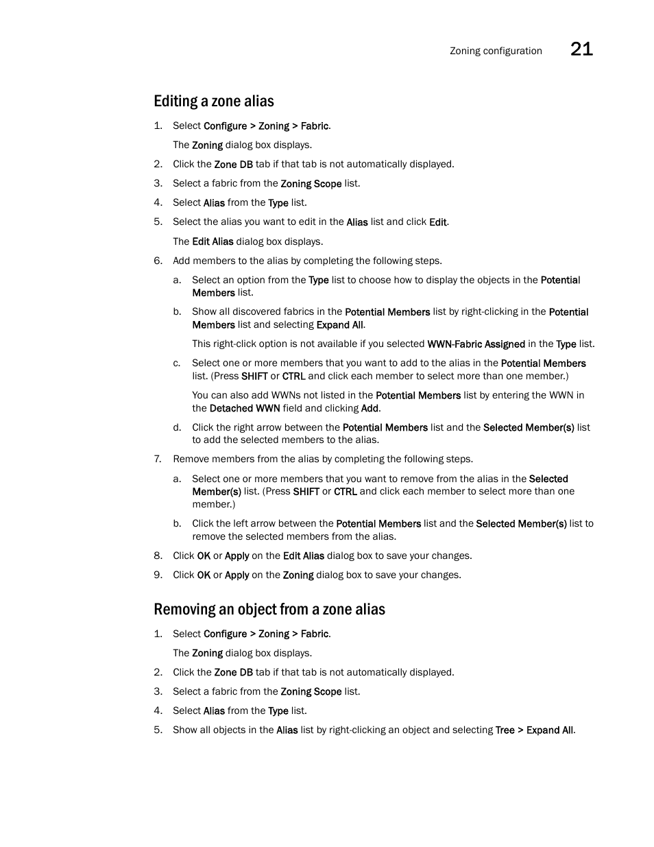 Editing a zone alias, Removing an object from a zone alias | Brocade Network Advisor SAN User Manual v12.3.0 User Manual | Page 949 / 1940