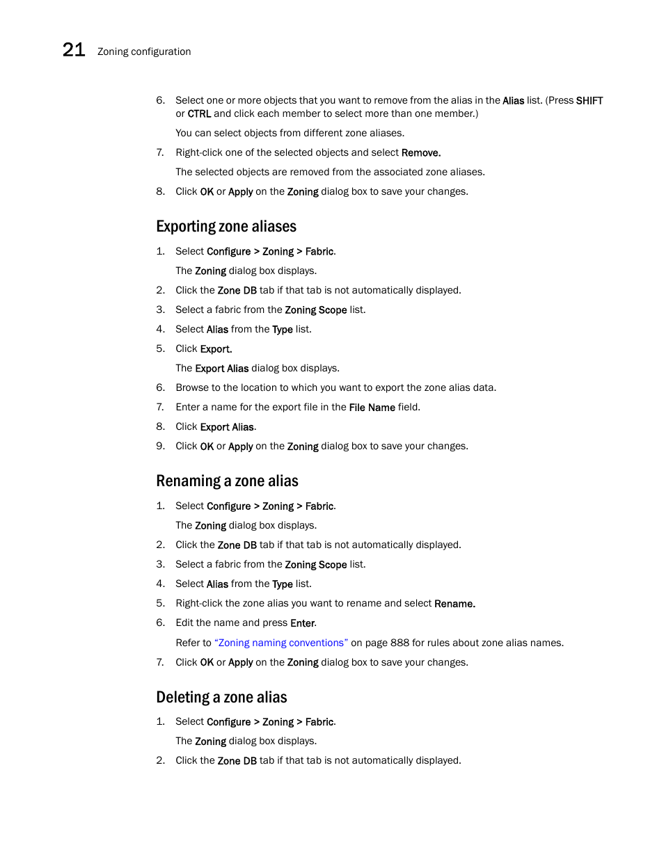 Exporting zone aliases, Renaming a zone alias, Deleting a zone alias | Brocade Network Advisor SAN User Manual v12.3.0 User Manual | Page 950 / 1940