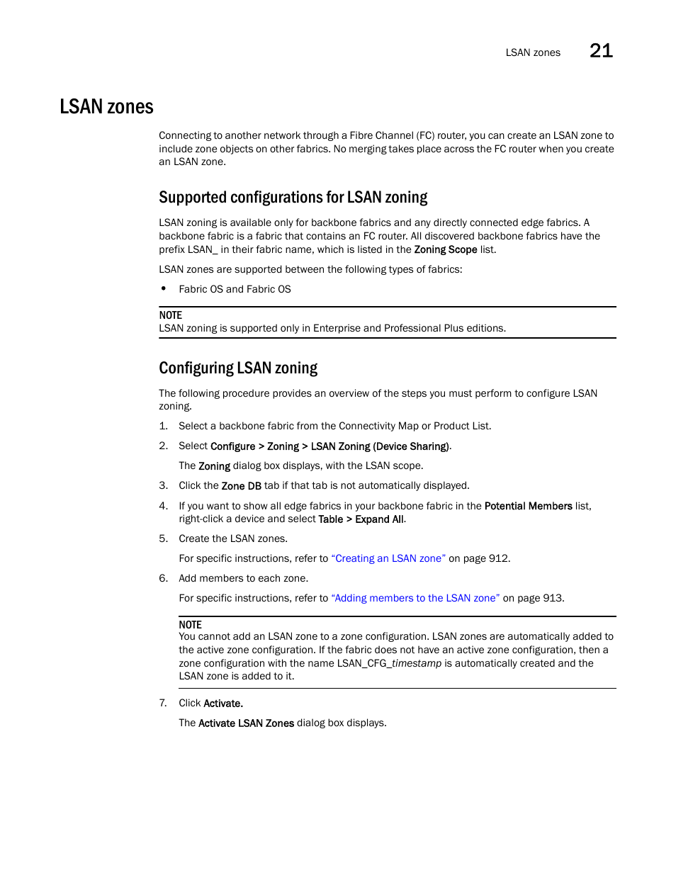 Lsan zones, Supported configurations for lsan zoning, Configuring lsan zoning | Brocade Network Advisor SAN User Manual v12.3.0 User Manual | Page 963 / 1940