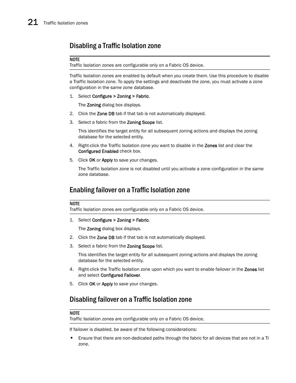 Disabling a traffic isolation zone, Enabling failover on a traffic isolation zone, Disabling failover on a traffic isolation zone | Brocade Network Advisor SAN User Manual v12.3.0 User Manual | Page 972 / 1940