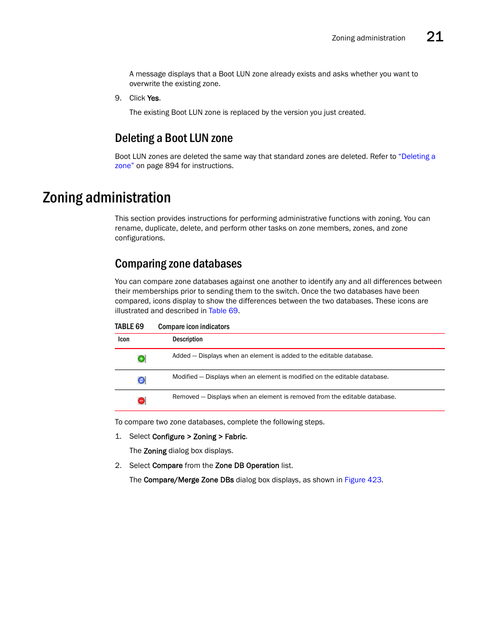 Deleting a boot lun zone, Zoning administration, Comparing zone databases | Brocade Network Advisor SAN User Manual v12.3.0 User Manual | Page 975 / 1940