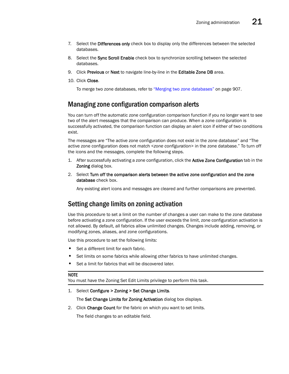 Managing zone configuration comparison alerts, Setting change limits on zoning activation | Brocade Network Advisor SAN User Manual v12.3.0 User Manual | Page 977 / 1940