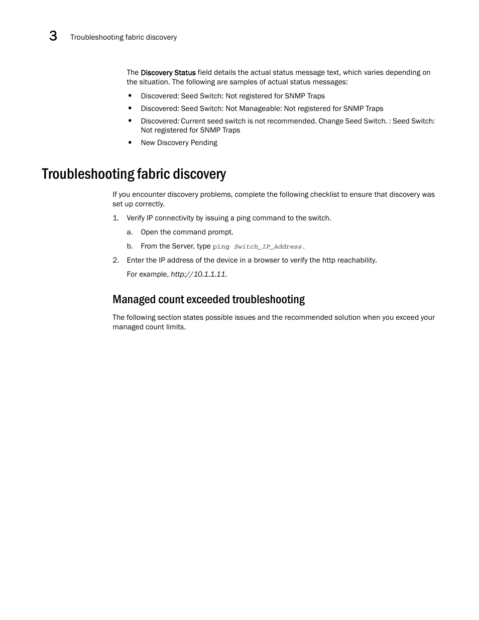 Troubleshooting fabric discovery, Managed count exceeded troubleshooting | Brocade Network Advisor SAN User Manual v12.3.0 User Manual | Page 98 / 1940