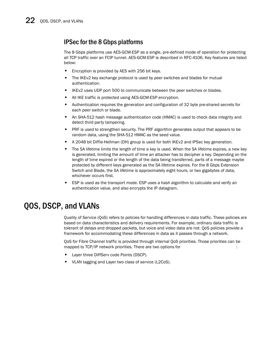 Ipsec for the 8 gbps platforms, Qos, dscp, and vlans | Brocade Network Advisor SAN User Manual v12.3.0 User Manual | Page 998 / 1940