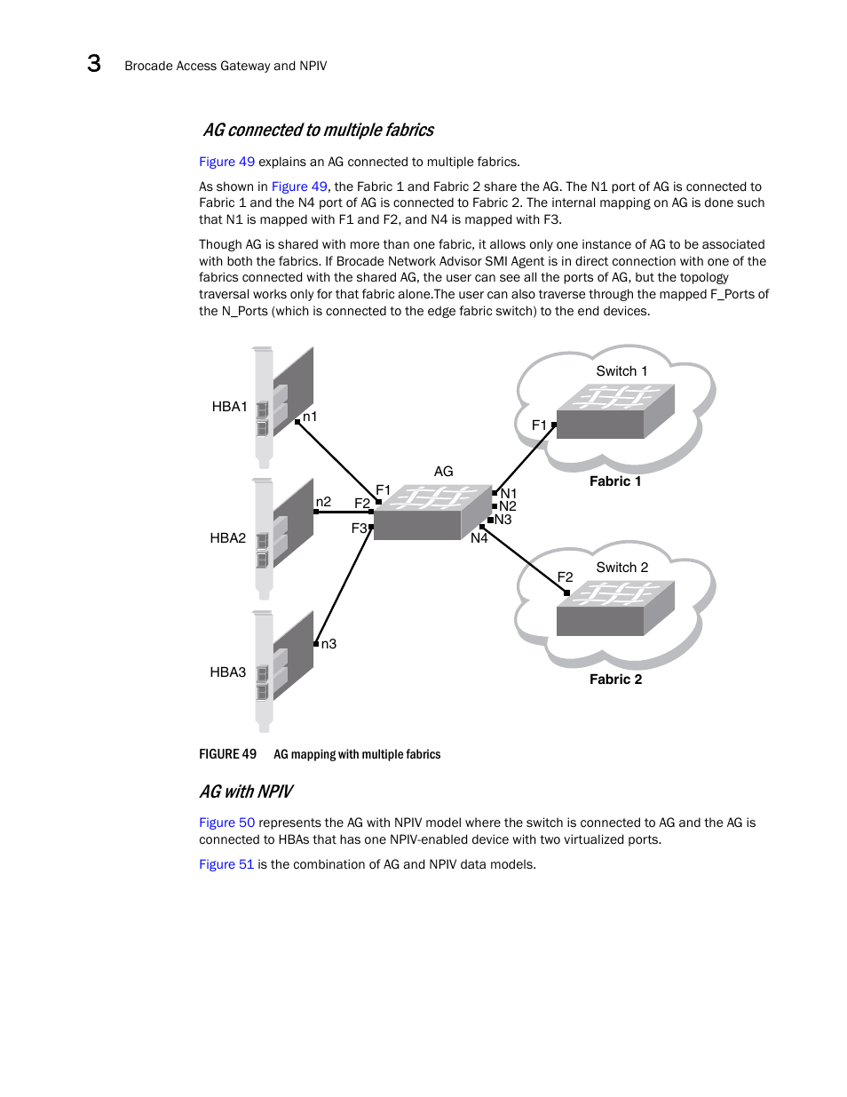 Ag connected to multiple fabrics, Ag with npiv | Brocade Network Advisor SMI Agent Developers Guide v12.3.0 User Manual | Page 112 / 178