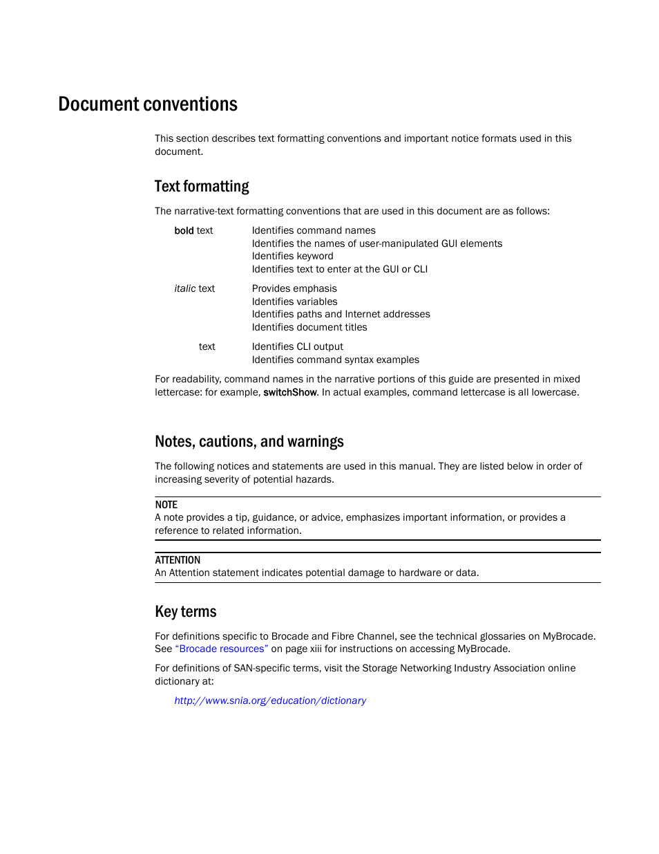 Document conventions, Text formatting, Notes, cautions, and warnings | Key terms | Brocade Network Advisor SMI Agent Developers Guide v12.3.0 User Manual | Page 12 / 178