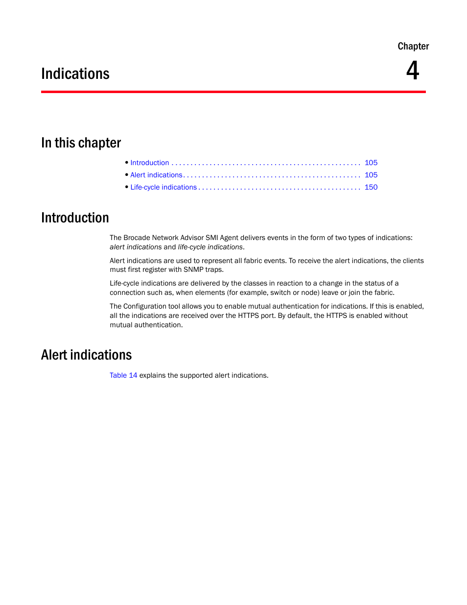 Indications, Introduction, Alert indications | Chapter 4, Chapter 4, “indications | Brocade Network Advisor SMI Agent Developers Guide v12.3.0 User Manual | Page 121 / 178