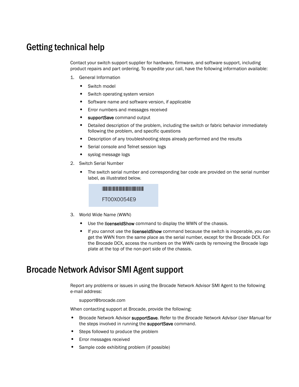 Getting technical help, Brocade network advisor smi agent support | Brocade Network Advisor SMI Agent Developers Guide v12.3.0 User Manual | Page 14 / 178