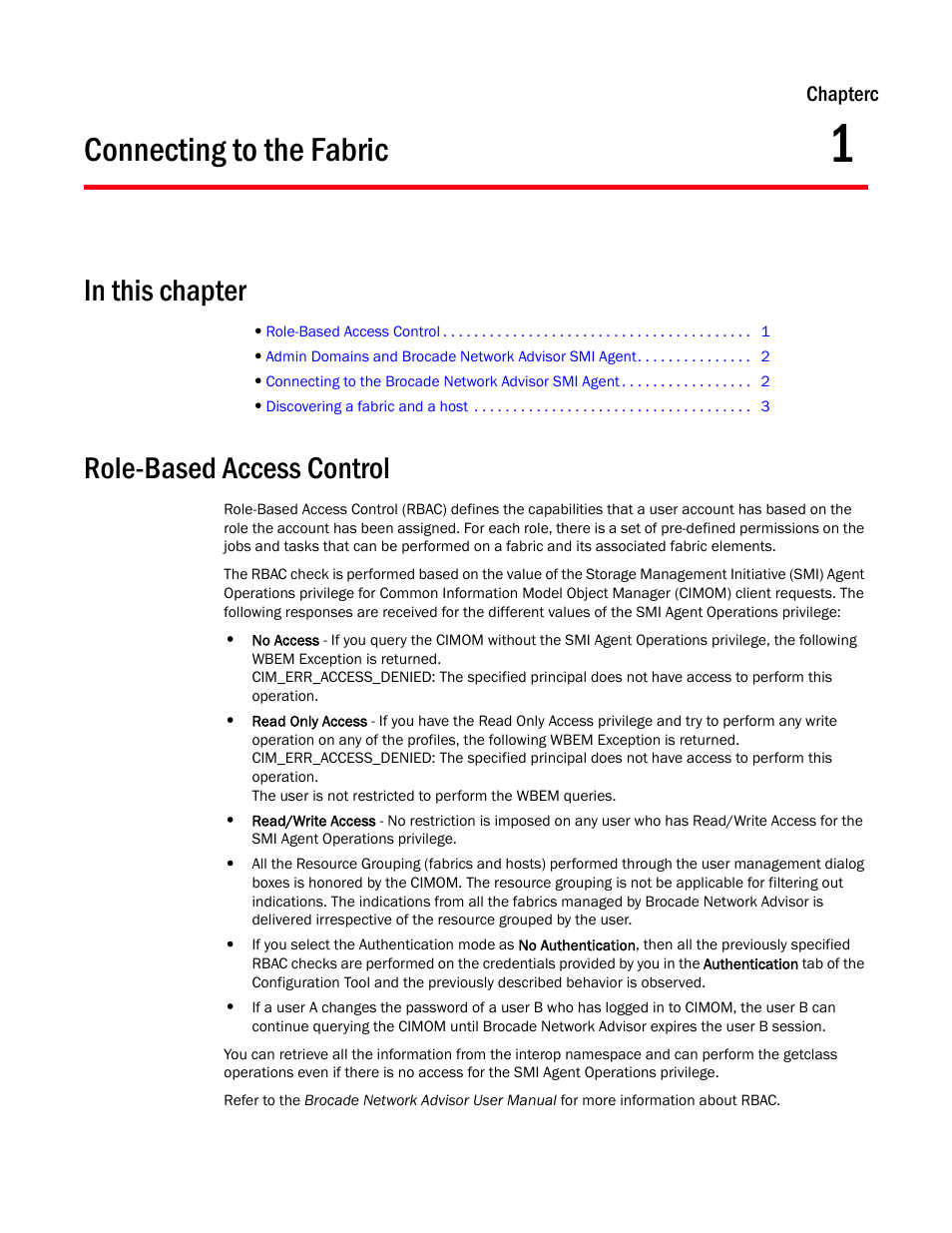 Connecting to the fabric, Role-based access control, Chapter 1 | Chapter 1, “connecting to the fabric | Brocade Network Advisor SMI Agent Developers Guide v12.3.0 User Manual | Page 17 / 178