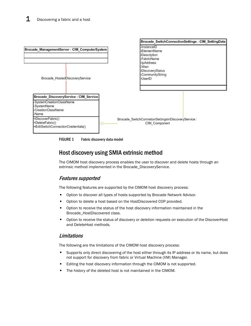 Host discovery using smia extrinsic method, Features supported, Limitations | Brocade Network Advisor SMI Agent Developers Guide v12.3.0 User Manual | Page 20 / 178