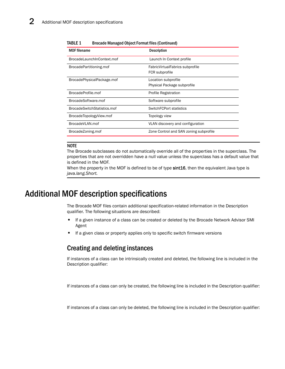 Additional mof description specifications, Creating and deleting instances | Brocade Network Advisor SMI Agent Developers Guide v12.3.0 User Manual | Page 26 / 178
