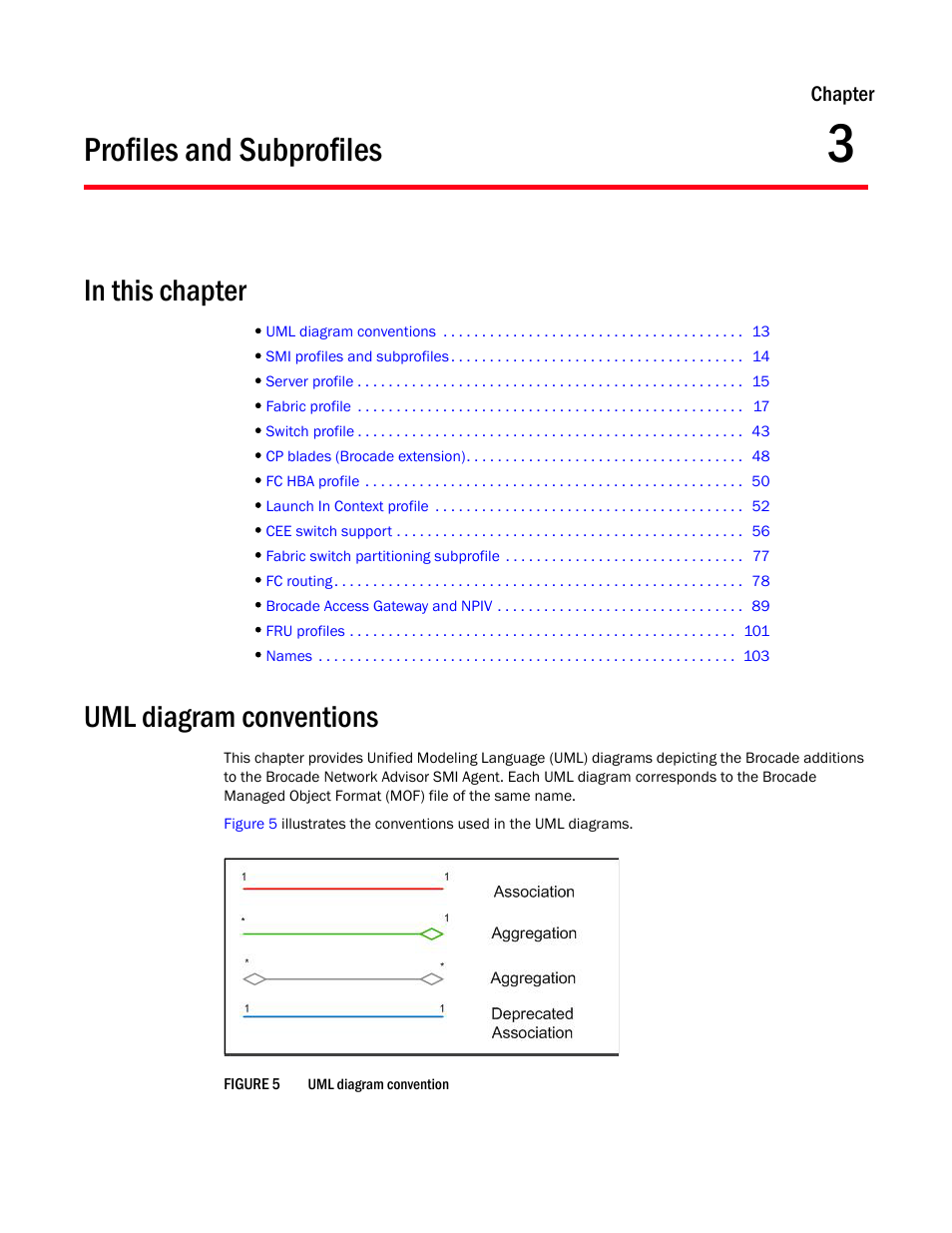 Profiles and subprofiles, Uml diagram conventions, Chapter 3 | Chapter 3, “profiles and subprofiles | Brocade Network Advisor SMI Agent Developers Guide v12.3.0 User Manual | Page 29 / 178