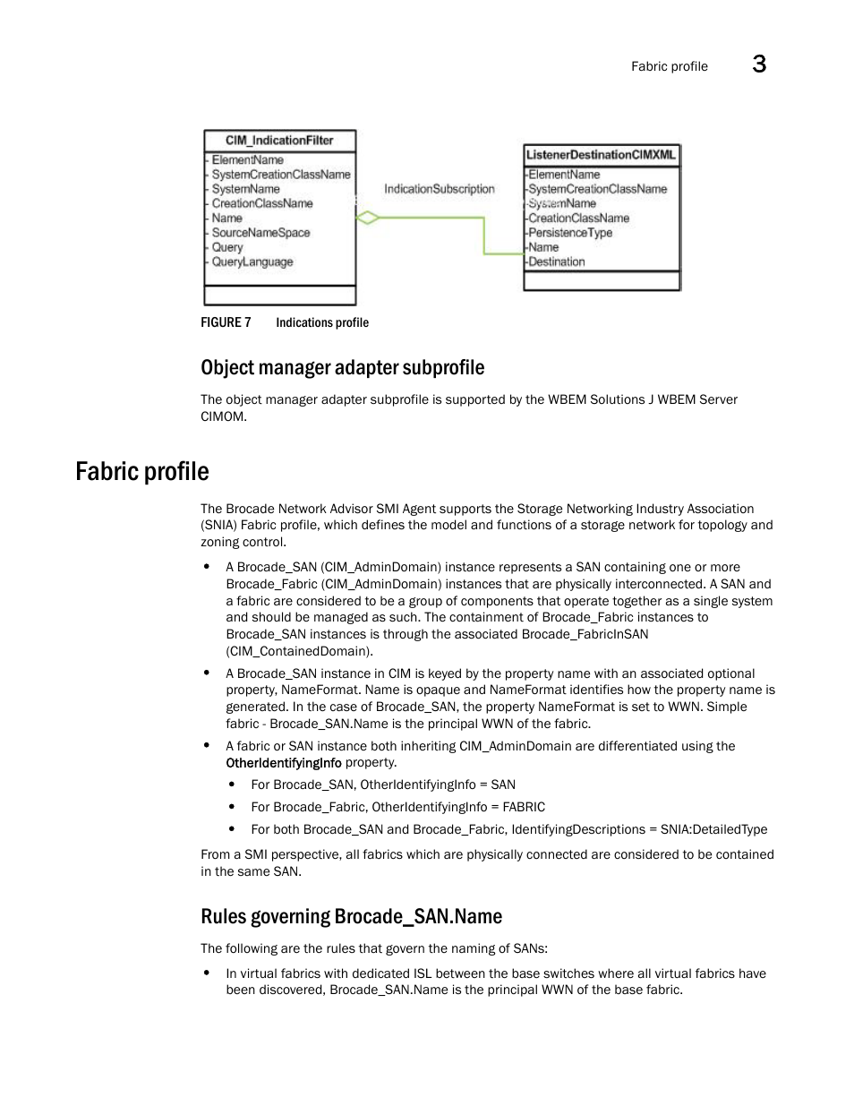 Object manager adapter subprofile, Fabric profile, Rules governing brocade_san.name | Brocade Network Advisor SMI Agent Developers Guide v12.3.0 User Manual | Page 33 / 178