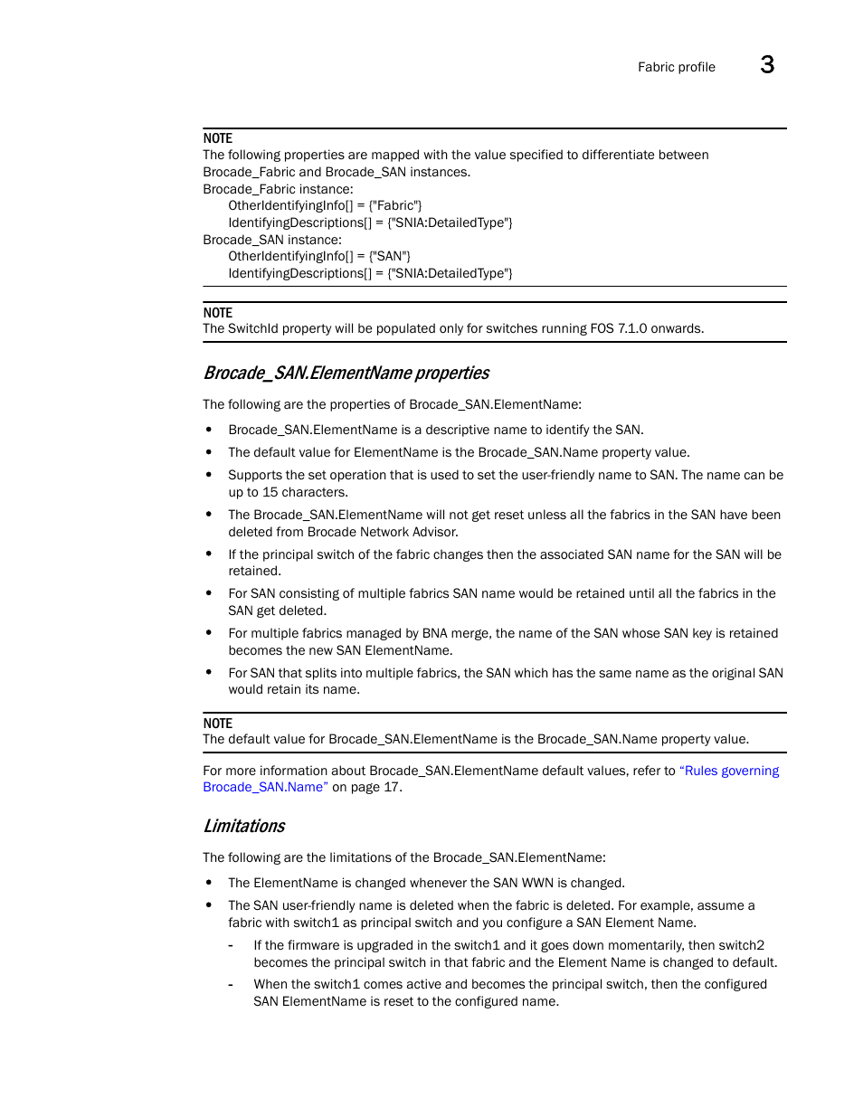 Brocade_san.elementname properties, Limitations | Brocade Network Advisor SMI Agent Developers Guide v12.3.0 User Manual | Page 37 / 178