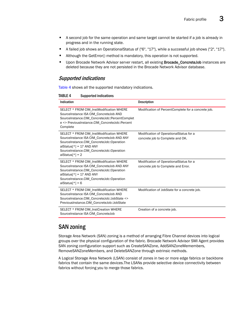 San zoning, Supported indications | Brocade Network Advisor SMI Agent Developers Guide v12.3.0 User Manual | Page 43 / 178