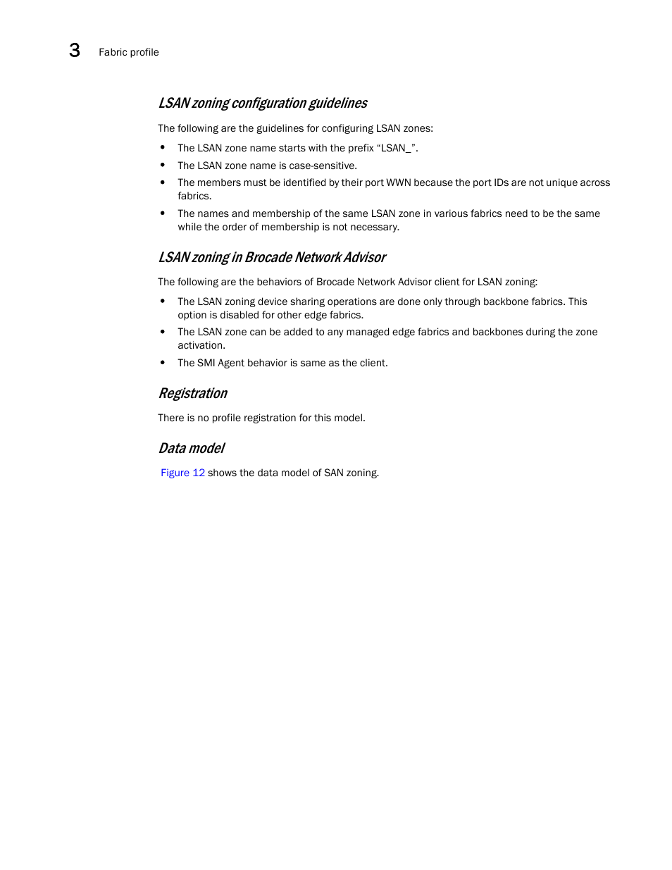 Lsan zoning configuration guidelines, Lsan zoning in brocade network advisor, Registration | Data model | Brocade Network Advisor SMI Agent Developers Guide v12.3.0 User Manual | Page 44 / 178