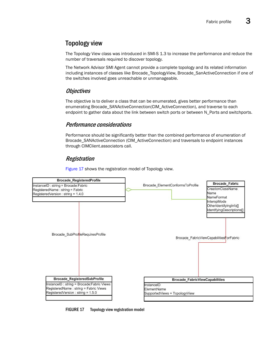 Topology view, Objectives, Performance considerations | Registration | Brocade Network Advisor SMI Agent Developers Guide v12.3.0 User Manual | Page 53 / 178