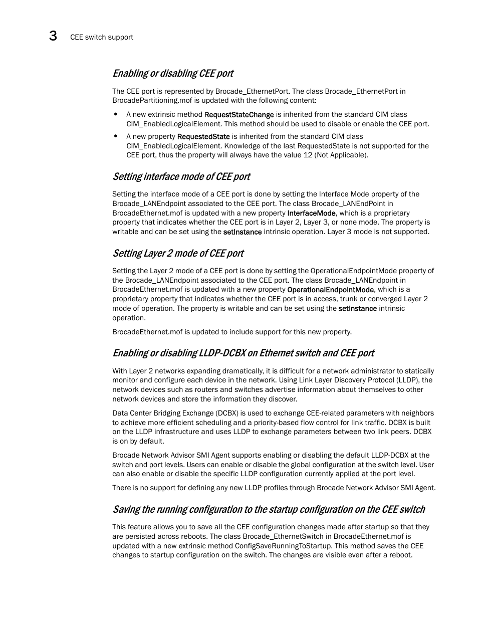 Enabling or disabling cee port, Setting interface mode of cee port, Setting layer 2 mode of cee port | Brocade Network Advisor SMI Agent Developers Guide v12.3.0 User Manual | Page 78 / 178