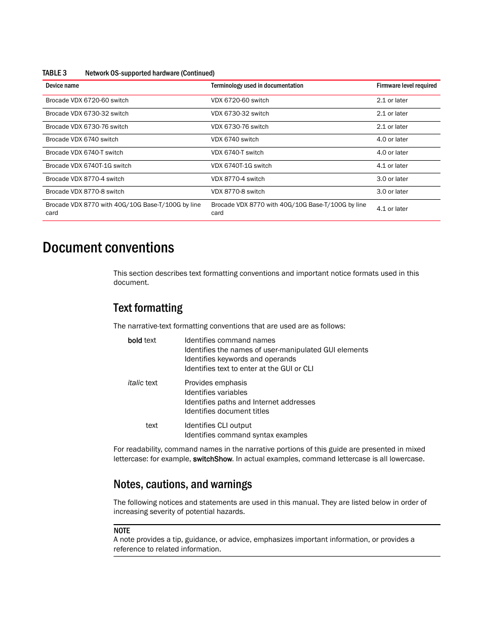 Document conventions, Text formatting, Notes, cautions, and warnings | Brocade Network Advisor Software Licensing Guide (Supporting Network Advisor 12.3.0) User Manual | Page 15 / 56