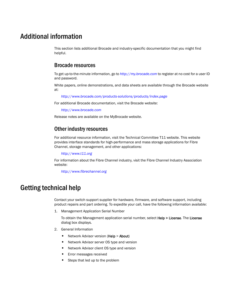 Additional information, Brocade resources, Other industry resources | Getting technical help | Brocade Network Advisor Software Licensing Guide (Supporting Network Advisor 12.3.0) User Manual | Page 17 / 56